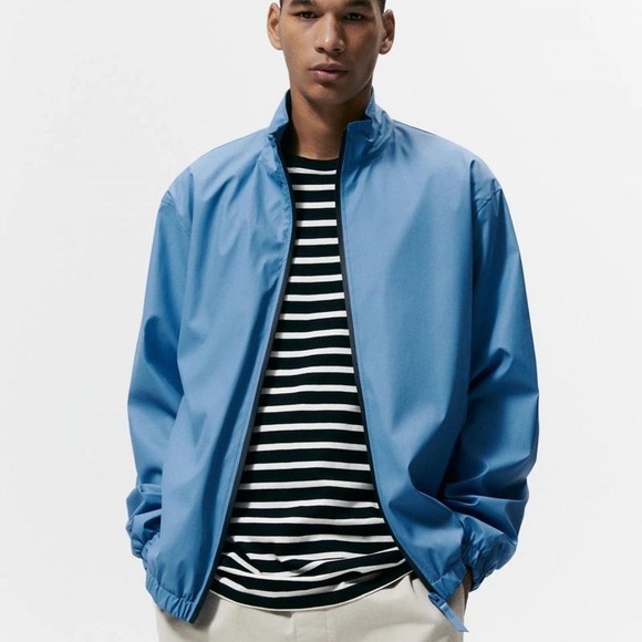 Zara Men's Light Blue Front Zipper Elastic Cuffs Collarless Bomber Jacket Size M - Picture 1 of 13